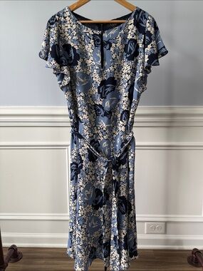 Ralph Lauren Floral Belted Crepe Midi Flutter Sleeve Flowy Women's Dress Sz 14
